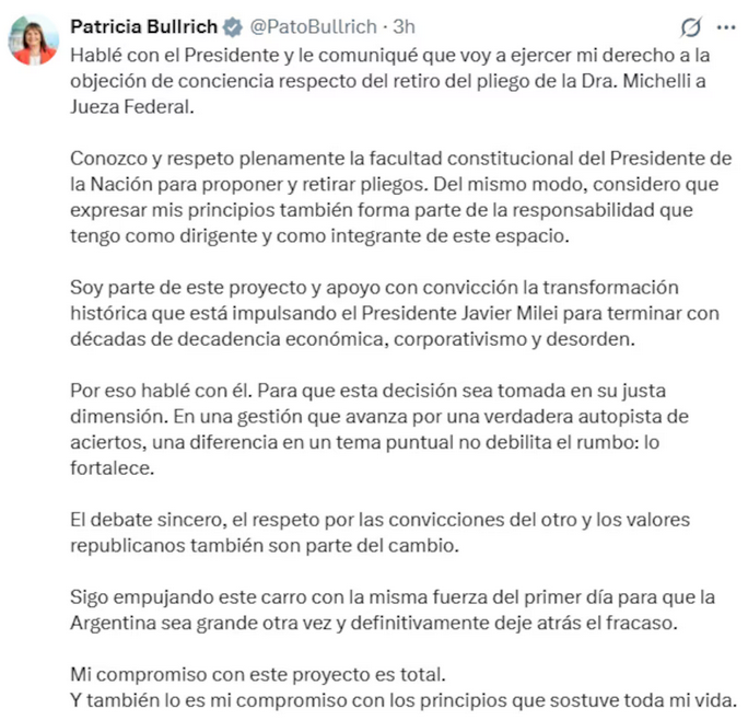 La senadora de La Libertad Avanza contó a través de su cuenta de X que había hablado con el presidente Milei (@PatoBullrich)
