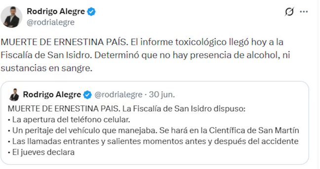 El periodista de TN Rodrigo Alegre reveló los resultados del examen toxicológico a Ernestina Pais (Foto: captura Instagram/rodrialegre)