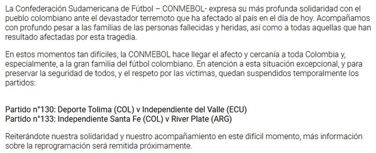 El comunicado oficial de la Conmebol