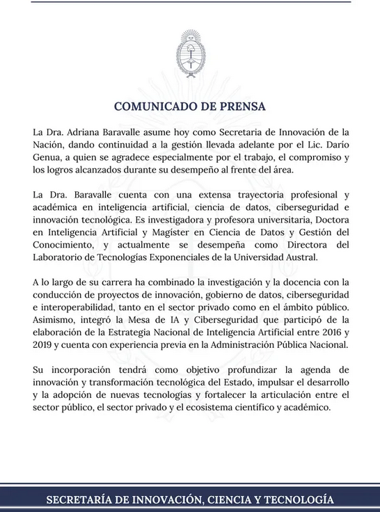Cambios en el Gabinete: Adriana Baravalle asume como nueva secretaria de Innovación de la Nación